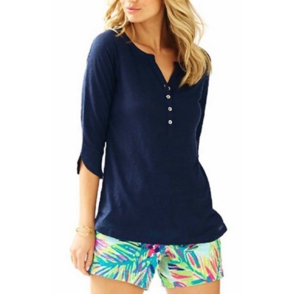 Lilly Pulitzer 100% Linen Henley Small Navy Blue 3/4 Sleeve Top Popover Beach